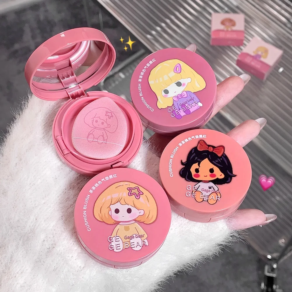 Gege Bear Air Cushion Blush Cream Waterproof Long Lasting Natural Cheek Tint Blush with Puff Peach Pink Rouge Girl Blush Makeup