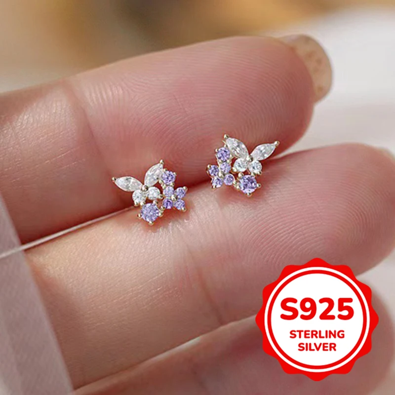 

S925 authentic sterling silver gold-plated mini lavender purple butterfly earrings for women versatile elegant retro light
