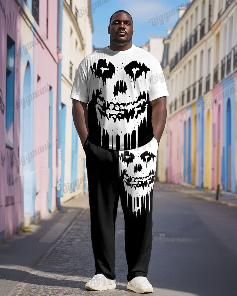 Ensemble T-shirt à manches courtes et pantalon long pour hommes, grande taille, avec motif de crâne, col rond, motifs audacieux et stylisés pour un look décontracté de tous les jours.