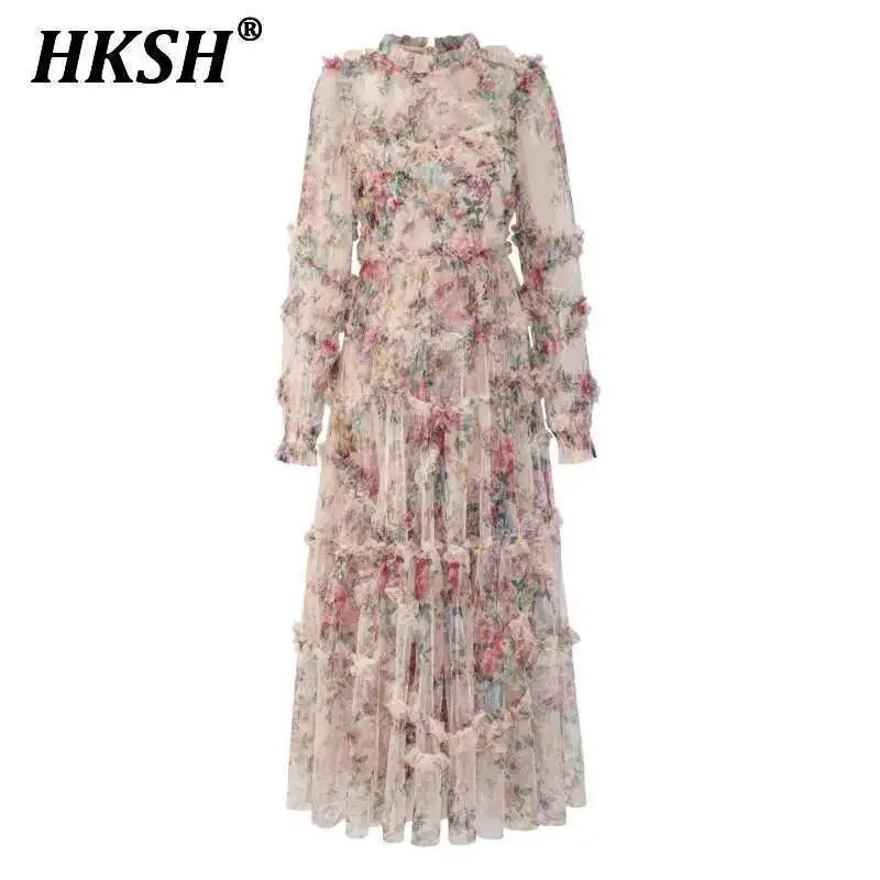 

HKSH 2025 Women's Tide Long Sleeve Skirts Floral Organza Pleated Elegant Formal Mesh Fashion Chic Elegant Wedding Dress HK3712