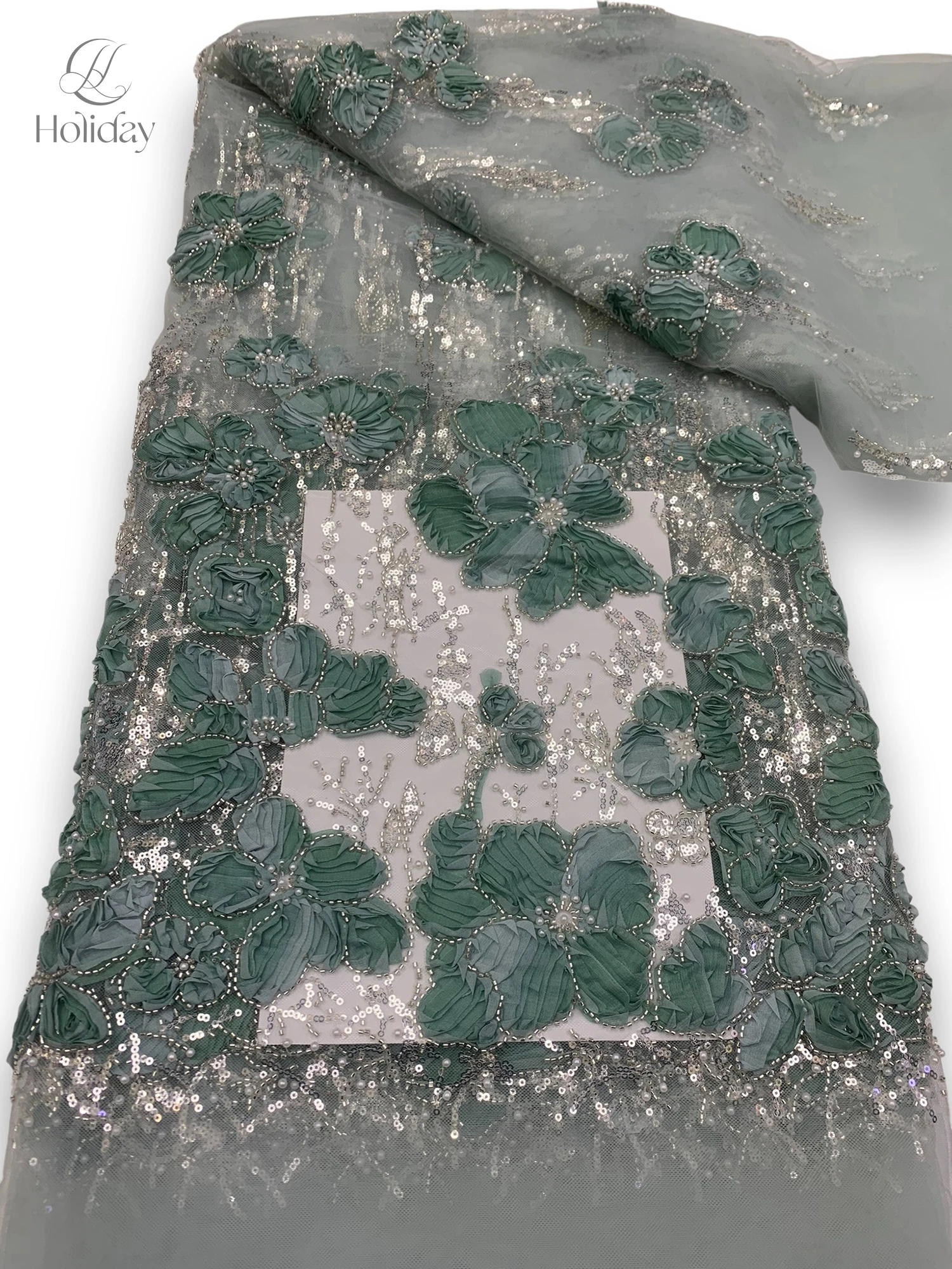 

3D Floral Embroidery Lace with Sequins and Beads, High Quality Tulle Net Fabric for Luxury Wedding Dresses and Evening Gowns