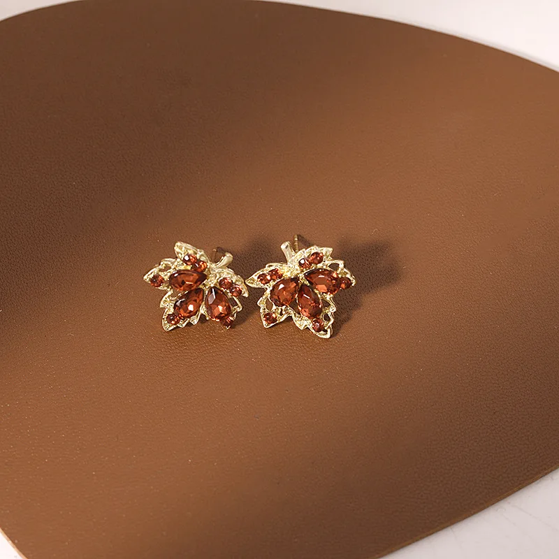 Korean Red Gem Maple Leaves Stud Earrings for Women Unique Delicate Zircon Crystal Ear Jewelry Wholesale Christmas Gift