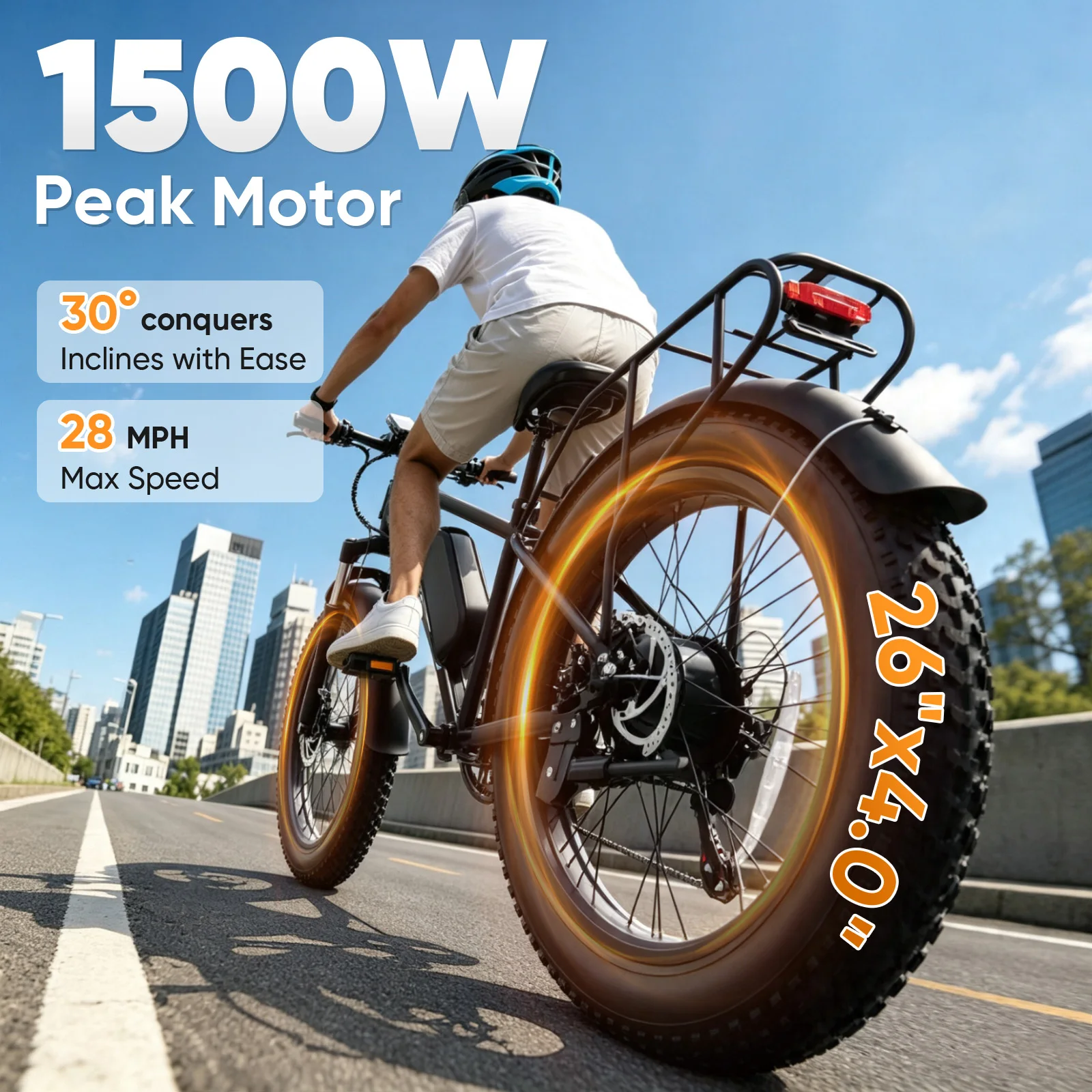 Spacewalk 1500W Peak Motor Electric Bike for Adults 26"x4.0 Fat Tire E-Bike, 48V 15Ah Removable Battery, 28MPH Fast Speed, 60 Miles Range, NFC Unlock, Front Suspension, 7-Speed Mountain Ebike with Rear Rack view 2