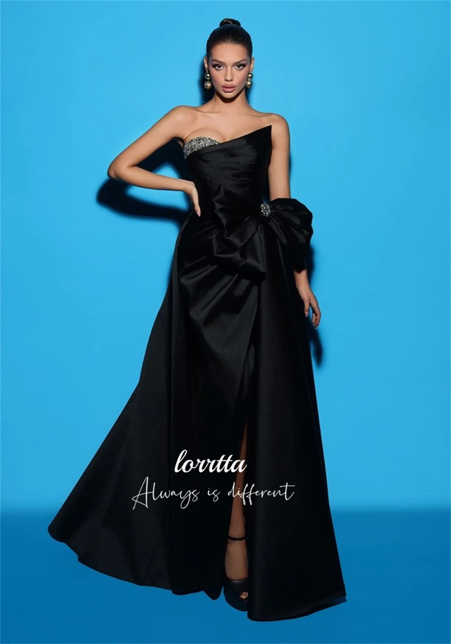 

Lorrtta Satin Line A Strapless Glitter Decoration Black Bow Evening Dress Wedding Guest Dresses for Women Ball Gowns Prom Formal