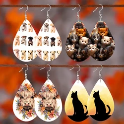 SOMESOOR Cute Animal Series Ear Jewelry - Cartoon Puppy Kitten Cow Pattern Print Wooden Teardrop Earrings For Girls Kid Daughter