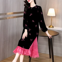 AIMEILI Women Rose Velvet Embroidery Floral Midi Dress 2024 New Fashion O Collar Dress Autumn Winter Korean Vintage Party Dress