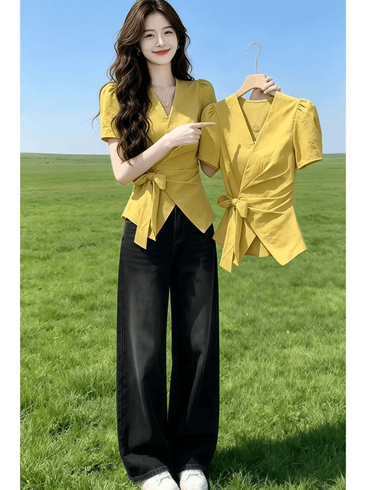 

Summer 2026 Women's Fashion Short Sleeve Shirt Irregular Design Beautiful Unique High-End Feel Casual Style V-Neck ...