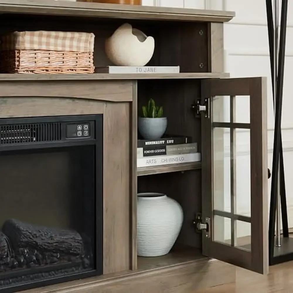Modern Farmhouse TV Stand with 24.5'' Electric Fireplace 55-65 Inch TV Entertainment Center Rustic Wooden Door Storage Realistic image 4