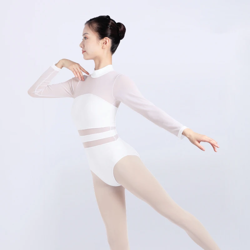 Maillot de Ballet para Mujer, Cuello Alto de Malla, Leotardo de Gimnasia Elástico para Niñas, Body de Ballet Negro y Blanco, Disfraces de Danza para Adultos