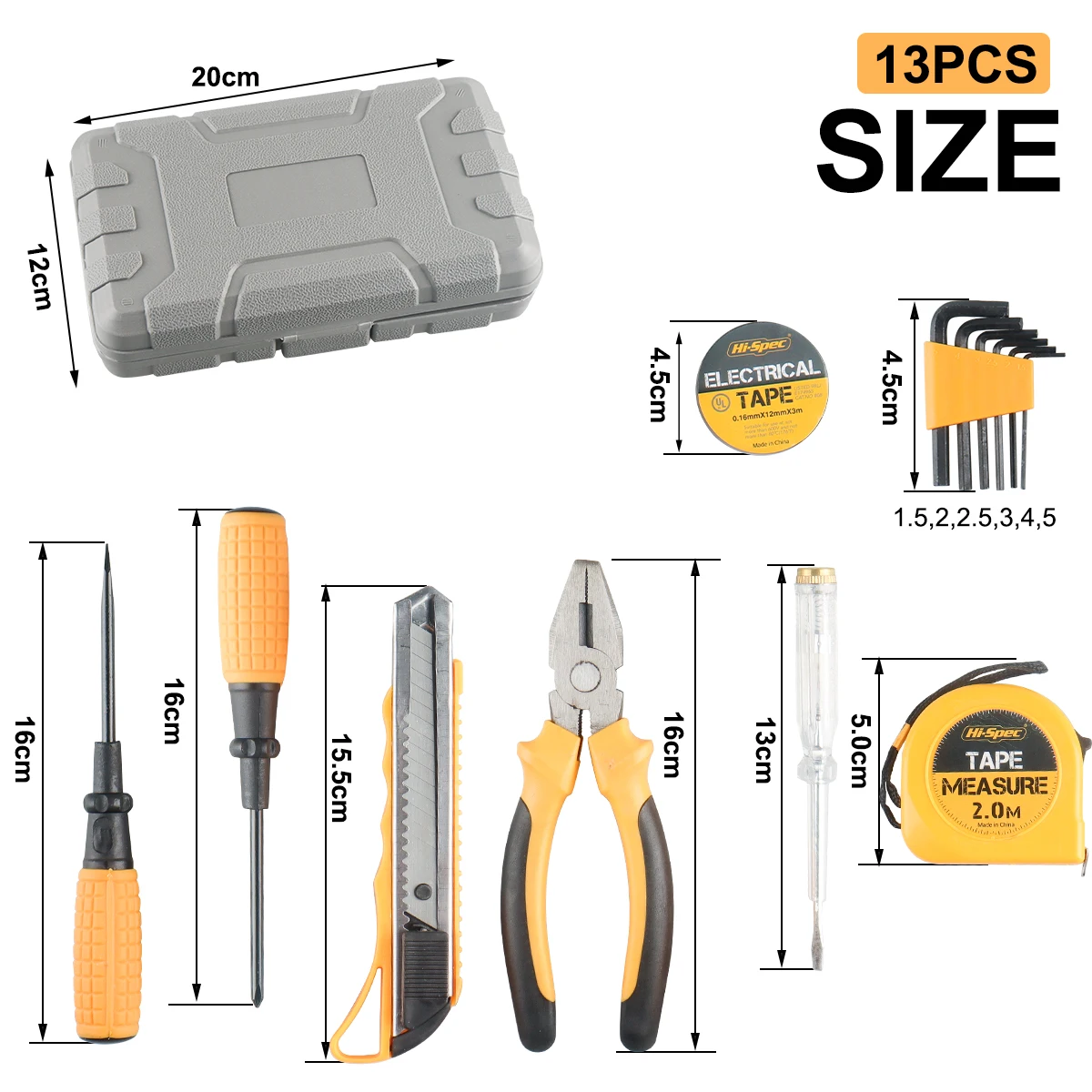 13 In 1 Multifunctional Home Repair Hand Tool Set Pliers Tape Measure Hammer Wrench Screwdriver yellow Hardware With Toolbox