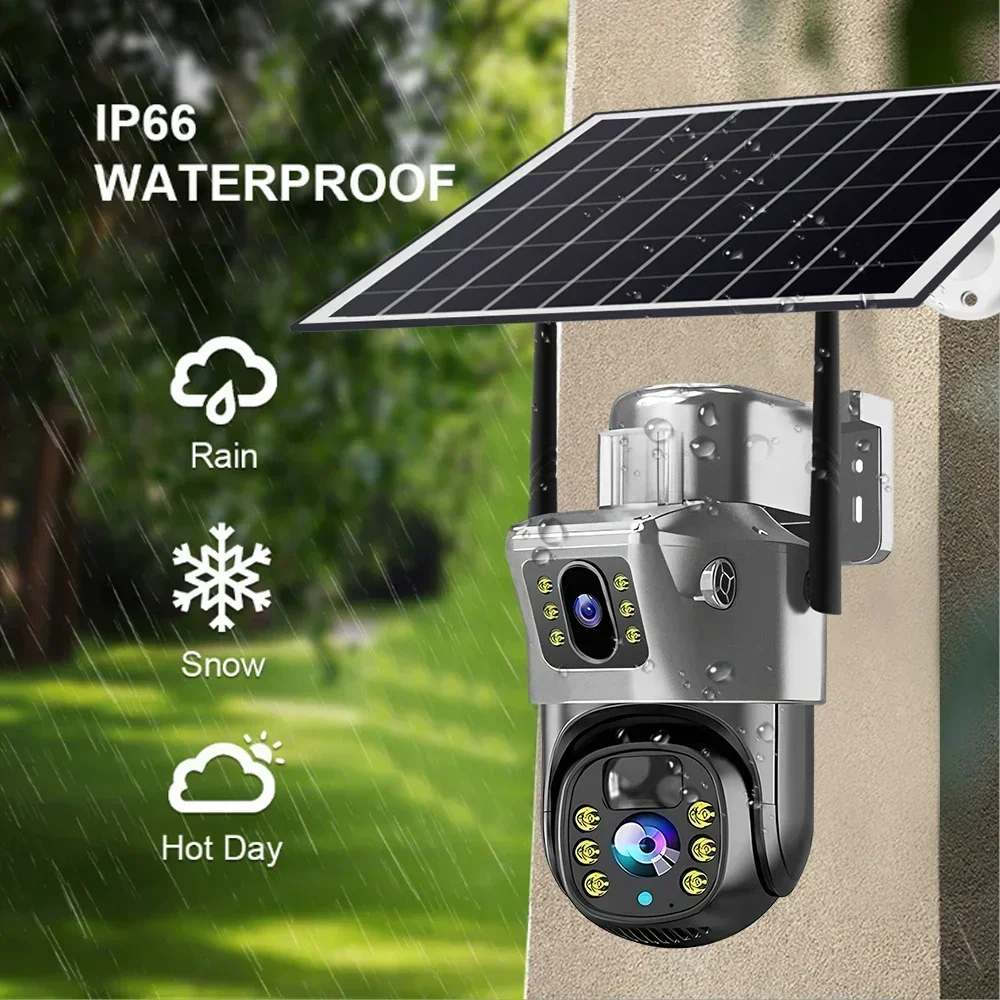 4K 8MP Solar Camera Outdoor Battery 4G IP Cam Dual Lens Security-Protection PIR Auto Tracking Wireless Surveillance CCTV