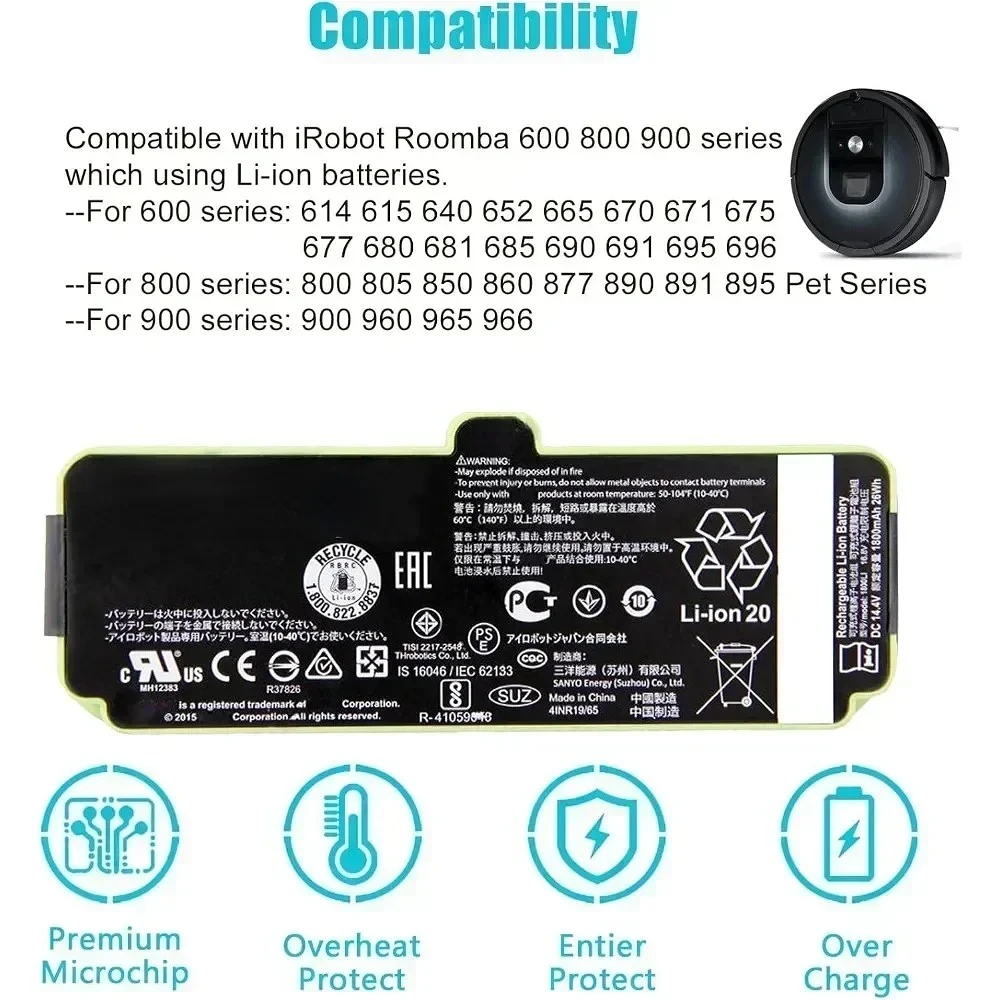 Pour nettoyeur iRobot Roomba 900 800 700 600 série 960 980 981 965 895 695 631 690 680 675 890 860 805 850 767 batterie Lithium-Ion