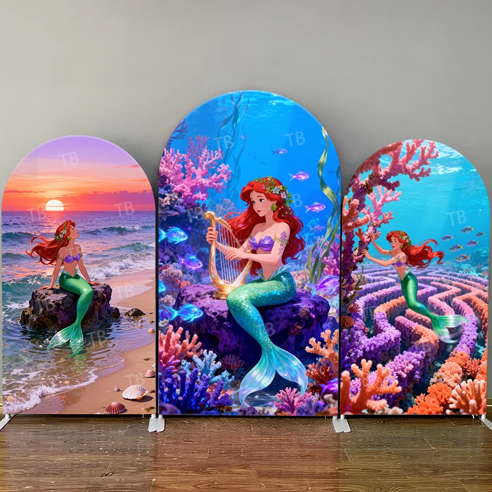 

Disney The Little Mermaid Arch Backdrop Cover Underwater Beach Harp Coral Party Photo Booth Props for Events & Home Decoration