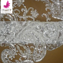 1 Yard African Bridal Sequin Lace Silver White Mesh Bead Fabric Sewing Clothes Evening Dress Fabric HY2359