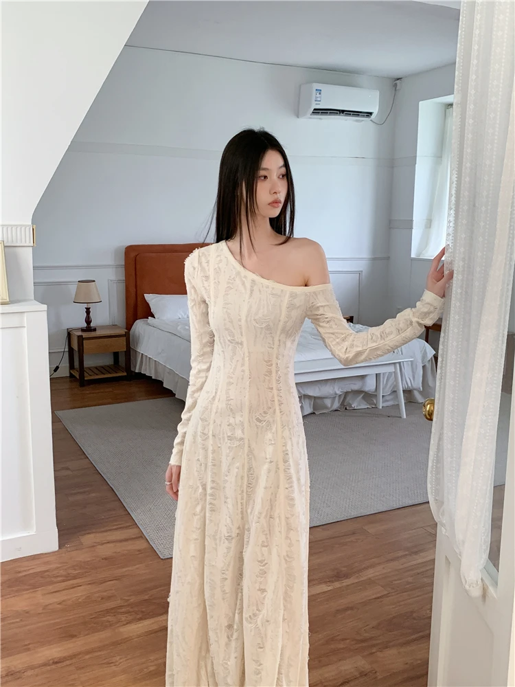 CHEERART One Shoulder Long Sleeve Knitted Maxi Dress Women White A Line Rip Tunics Long Dress Elegant 2024 Fall Fashion Clothes