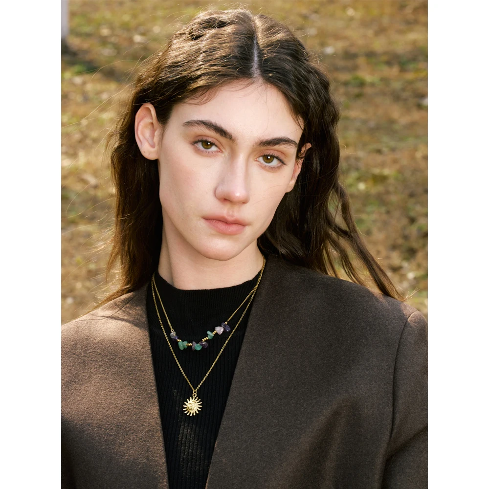 Yhpup 2025 Natural Stone Double-Layer Chain Sun Pendant Necklace for Women 316L Stainless Steel Handmade Jewelry Gift