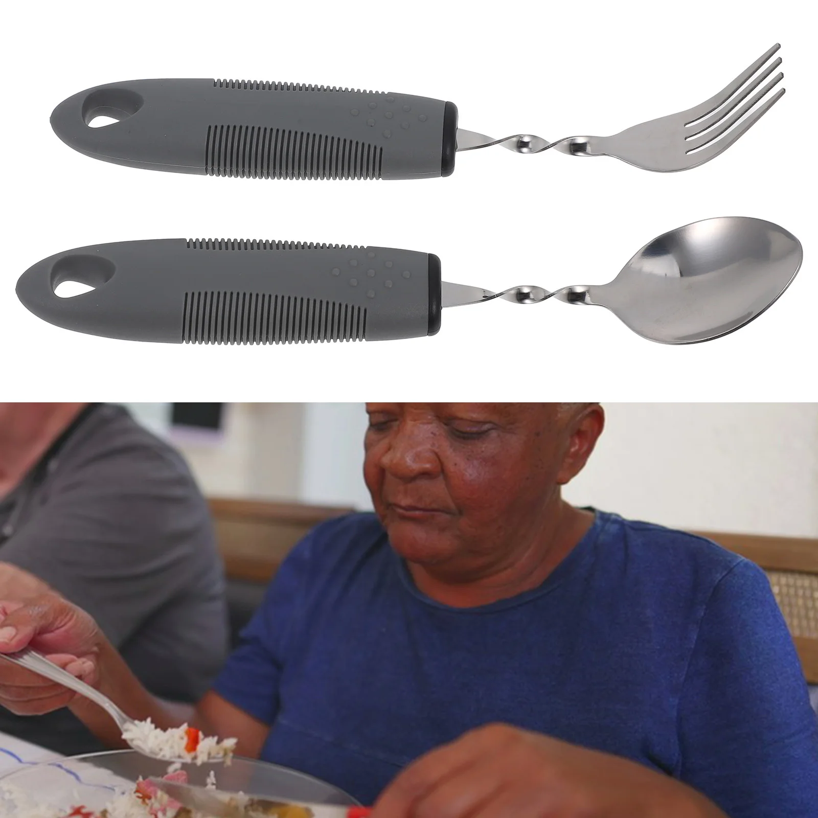 

Набор столовых приборов против треморов, 2 шт., адаптивная посуда из нержавеющей стали для пожилых людей, пластиковая ручка, устойчивое к встряхиванию серебро, артрит
