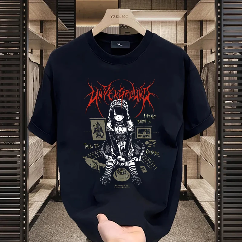 تي شيرت نسائي أسود مطبوع عليه رسومات طليعية بتصميم زاوية جمجمة أمريكية كلاسيكية ريترو أنيمي فتاة شارع بأكمام قصيرة للزوجين