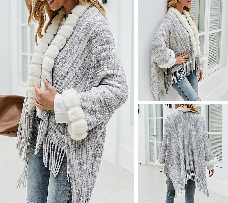 Herfst Winter Warm Gebreide Imitatie Wollen Kraag Kwast Sjaal Modieuze Luxe Poncho Dame Capes Grijze Mantels