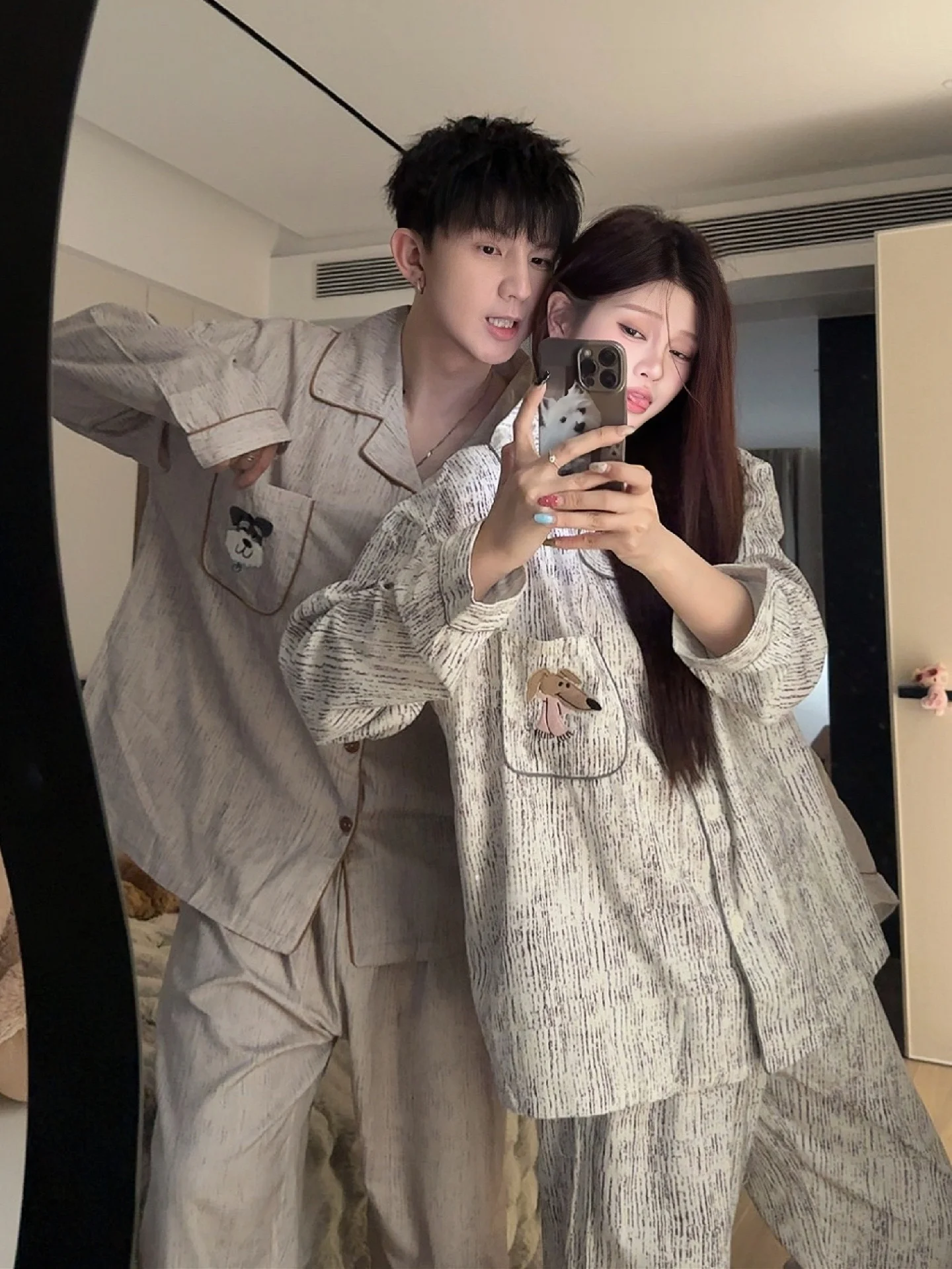 

Cute Schnauzer Couple Pajamas Pure Cotton Long Sve Men Women Spring New Cartoon Little Dog All Cotton Home Clothes Set