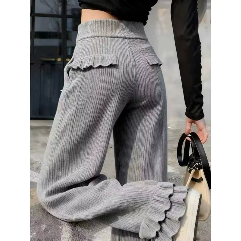 American Vintage Gray Wide Leg Pants Women 2026 Winter Thickened Fleece Lined Drapey Slimming Casual Lazy Trousers
