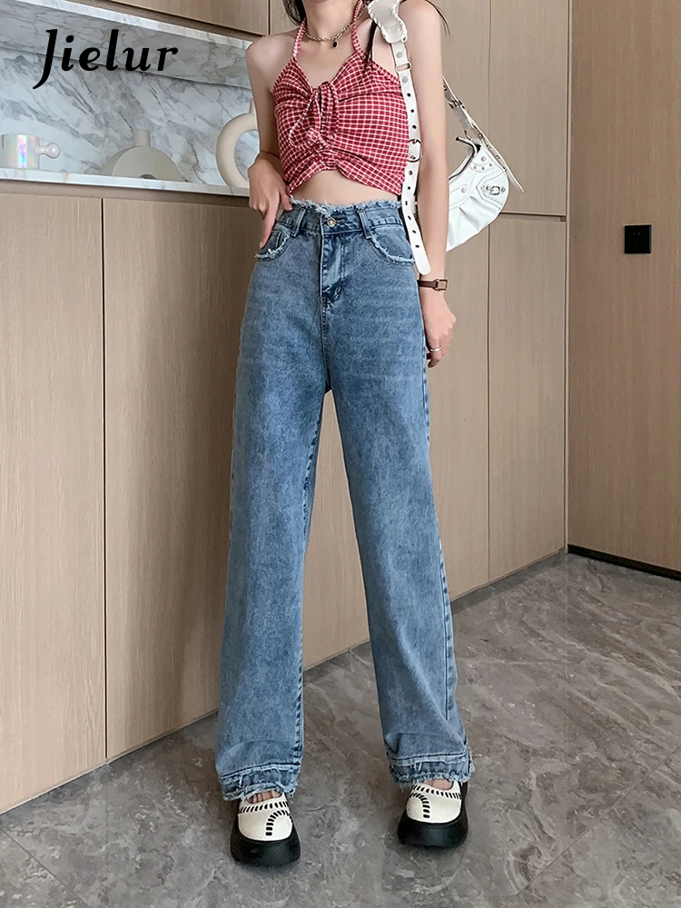 

Jielur Wide-leg Harajuku Casual Jeans Ladies High-waist Straight Denim Trousers Women Preppy Style Retro Blue Denim Pants Female