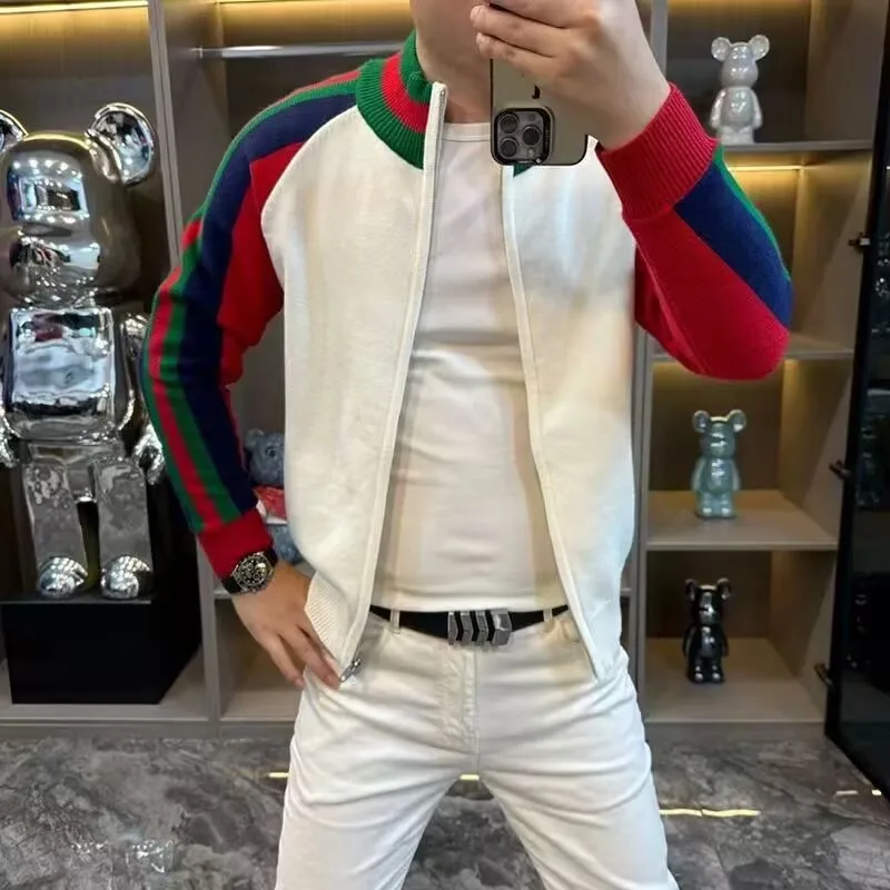 Men Autumn Color Block Knitted Jacket Zip Up Stand Collar Cardigan Contrast Striped Long Sleeve Casual Slim Fit Coat For Men