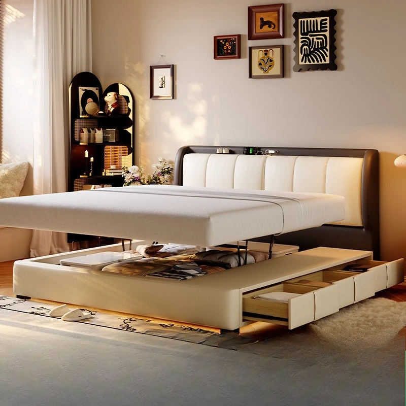 Evening Breeze genuine leather bed, the master bedroom is high-end and elegant, equipped with a soft, padded multifunctional bed