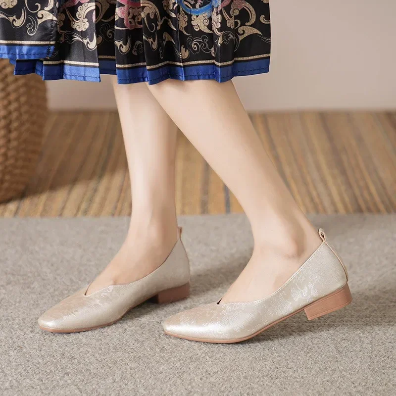 Woman French Casual Square Toe 1cm Heel Height Shoes Slip-on Flats Female Outdoor Dress Retro Printed Ballerina Mary Jane Shoes