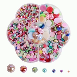 1800pcs 3-12mm AB Half Round Pearl Beads Flatback Rhinestones For Garment Nail Art Decor F1106