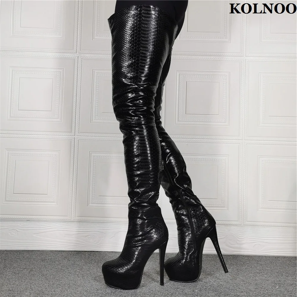 

Kolnoo New Handmade Ladies Stiletto Heels Thigh-high Boots Faux Snake Leather Night-club Party Booties Evening Fashion Hot Shoes