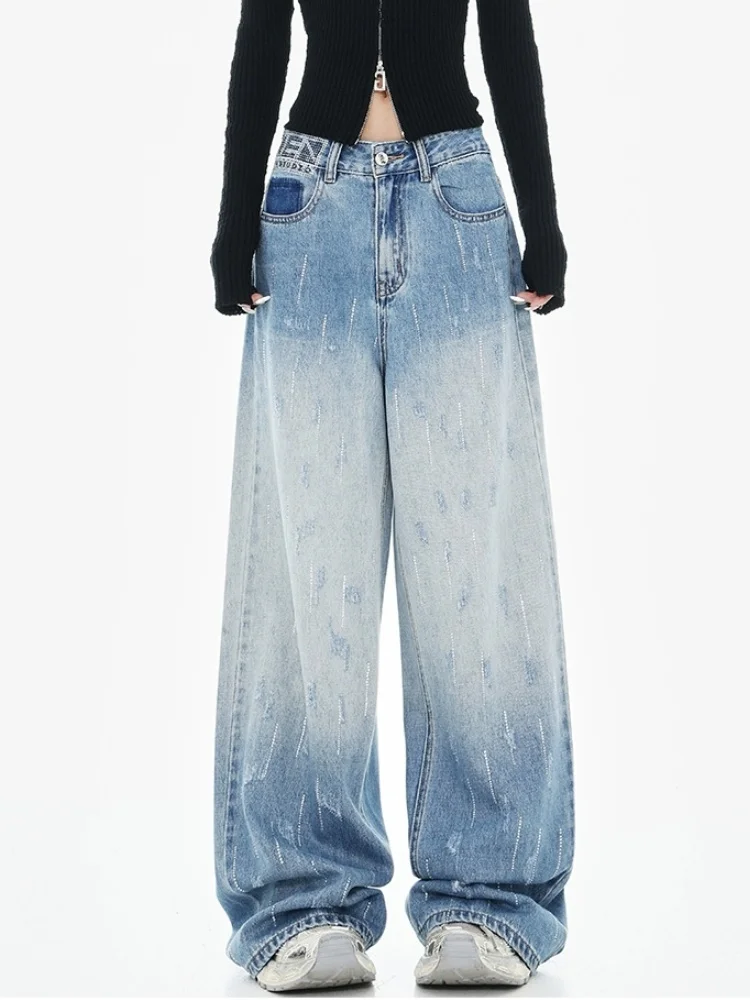 Trashy Y2K 2000S Hot Fix Rhinestone Washed Blue Baggy Stacked Jeans Pants For Women 90S Vintage Clothing Wide Leg Lady Trousers