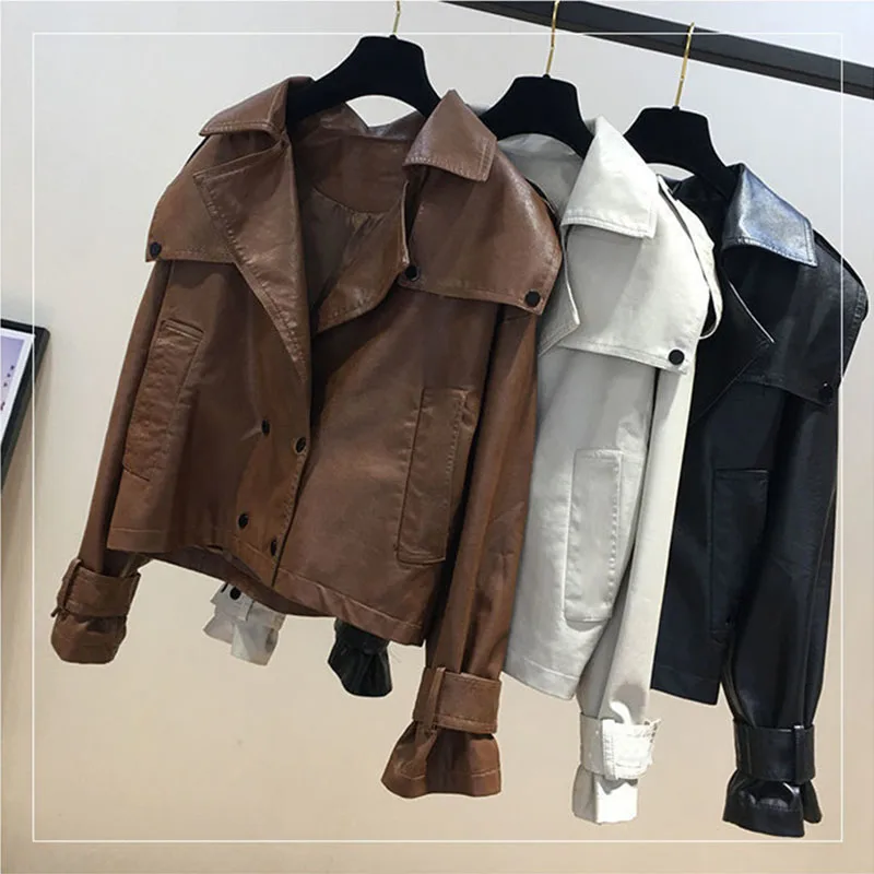 Lapel Motorcycle Leather Jacket Women\'s 2024 Spring Autumn Leather Outerwear Tops New Fashion Windproof Coat Jackets Female