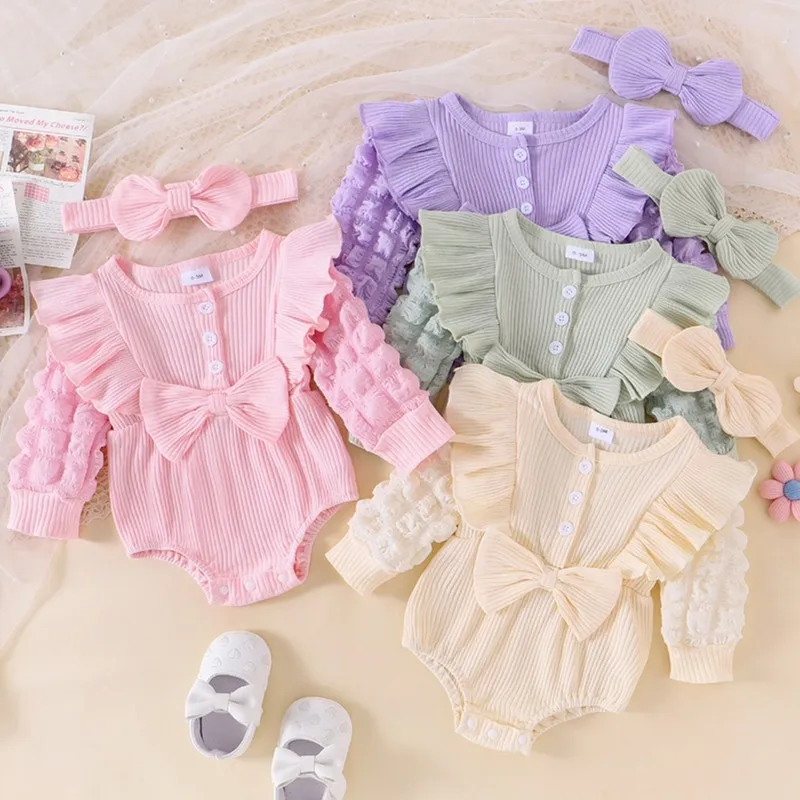 RUEWEY 0 to 18 Months Baby Girls Ruffle Bodysuit Spring Autumn Clothes Solid Color Long Sleeve Jumpsuits and Headband Infant