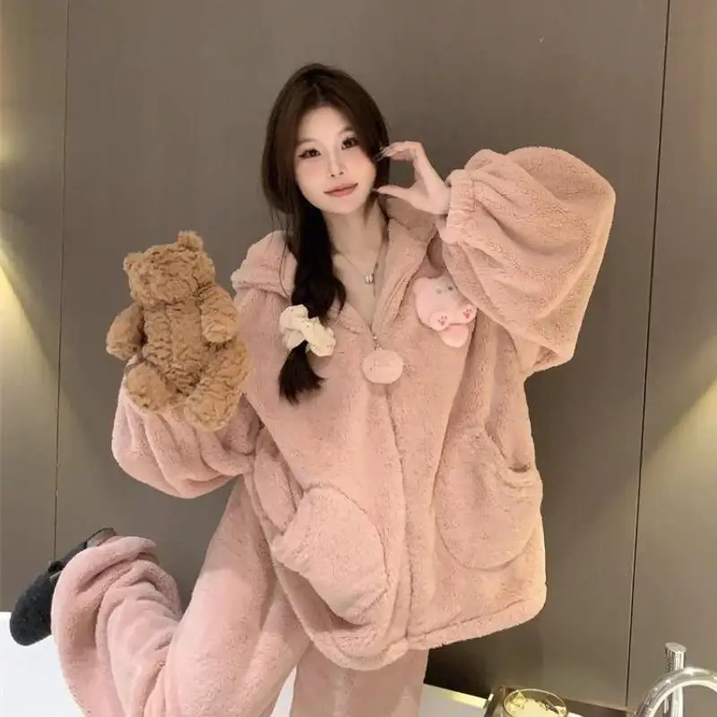 

Spring Autumn Girl Kawaii Pajamas Suit Cartoon Thicke Nightwear Woman Fleece-Lined Cute Sleepwear Hooded Coral Fleece Homewear
