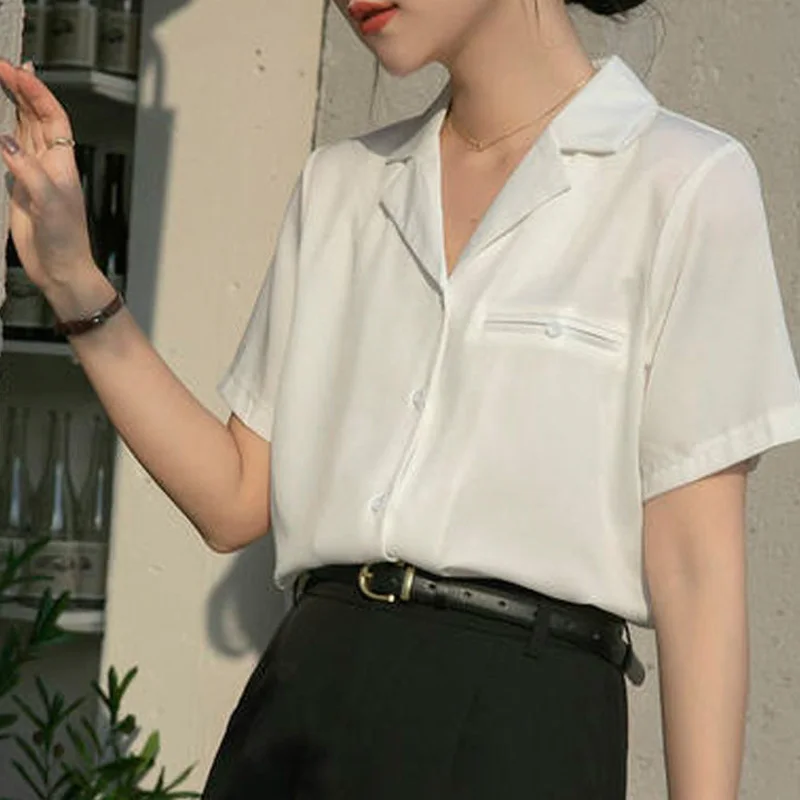 2023 New Summer Career Commuter Interview Temperament Suit Collar Button Panel Pocket Versatile Loose Casual Women's Shirt