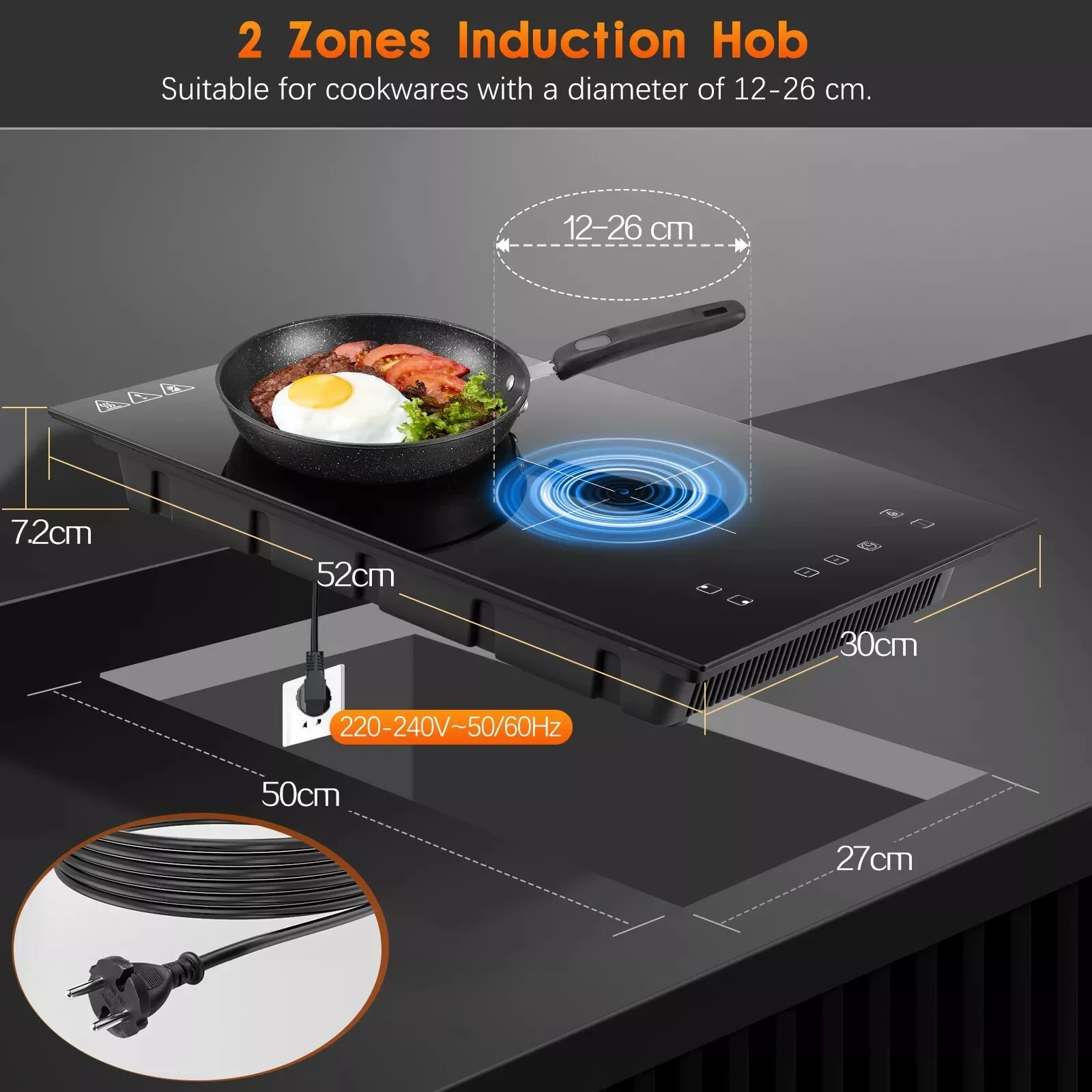 KICHPOWER 30cm 2 plates 1-99 Min Timer Touch Control 3300W Induction Hob