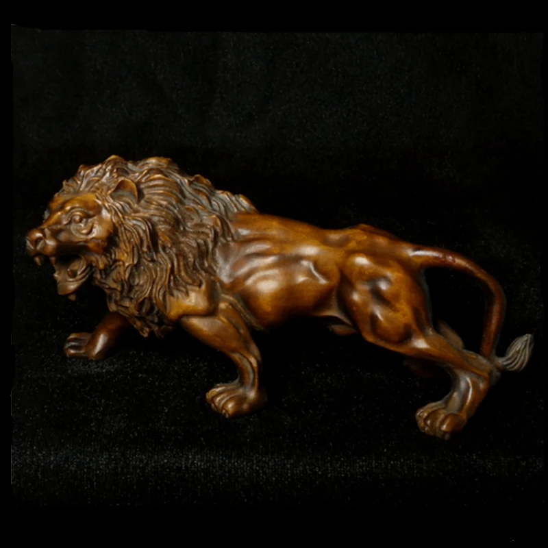 

1919 Antique art Size 5.5 Inch Old Chinese Hand carved Boxwood Wood Force Lion King Figure Statue desk Ornament Gift Collection