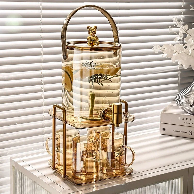 Light luxury glass cold kettle with faucet bucket set Large capacity household cold kettle Fruit tea Coke beverage bucket