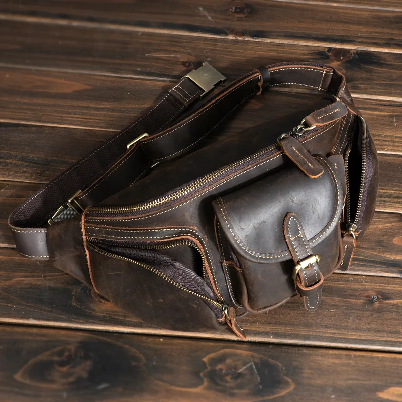 Men's Vintage Full-Grain Leather Waist Pack Crossbody Bag, Crazy Horse Chest Bag for Hiking Travel Outdoor