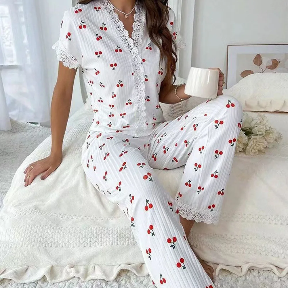 Women Lace Trim Short Sleeve Top Long Pants For Cherry Print 2 Piece Pajama Set
