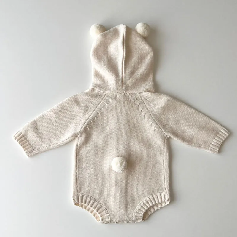 Autumn Spring Korean Style 0-24M Baby Boys Girl Clothing Long Sleeved Solid Color  Hooded Knitting Jumpsuit Toddler Baby Romper