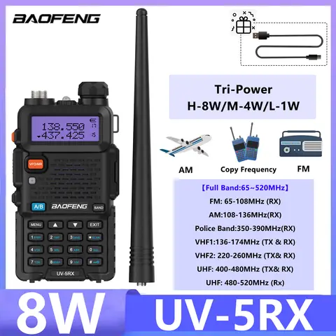 Baofeng UV-5RX 8W 다중 대역 워키 토키 AM FM 고용량 DTMF 리피터 128CH M-5R 휴대용 통신 장거리 라디오