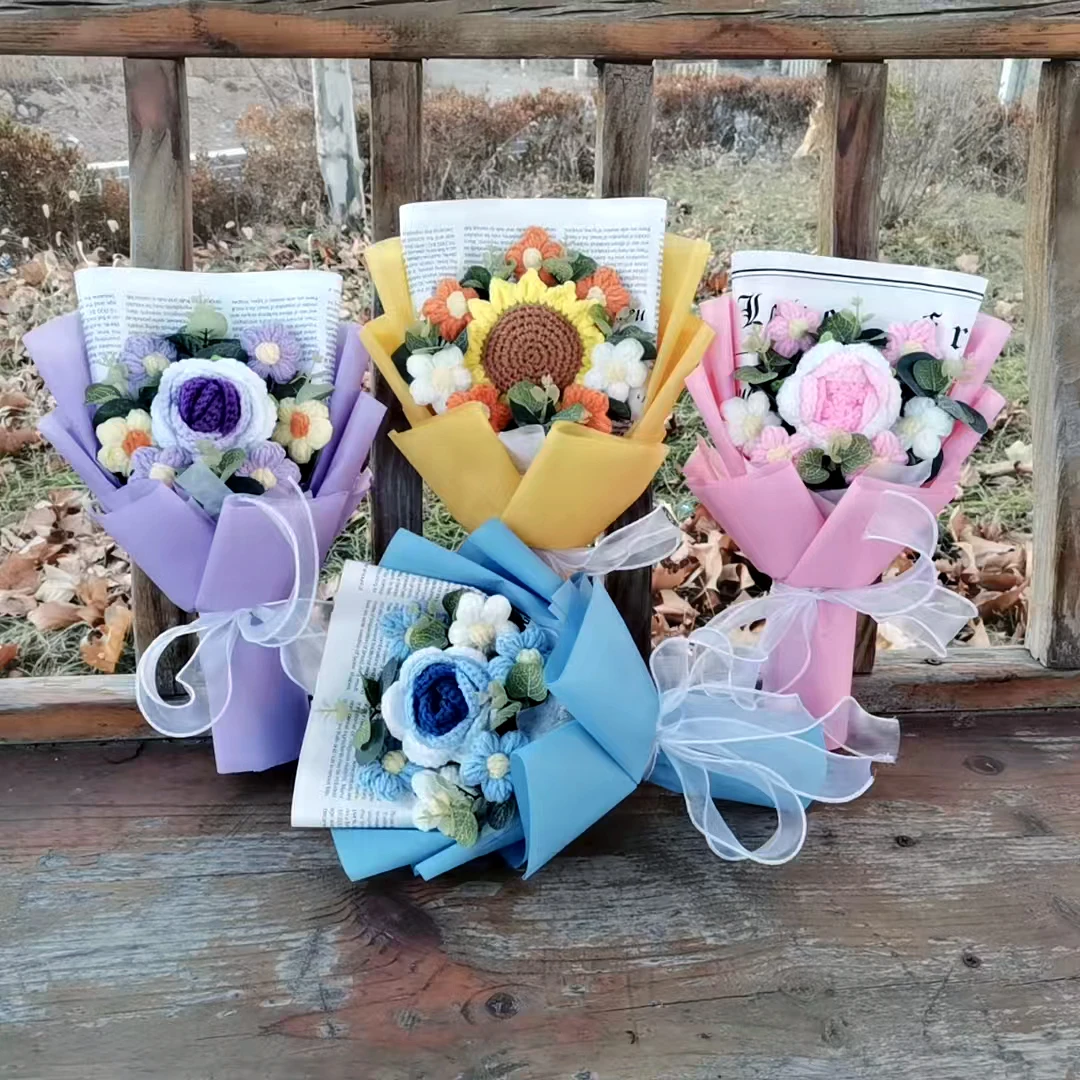 Hand made Rose Sunflower Woven Bouquet Fake Flower hand-crochet  Flower Wool Flower Finished Valentine's Day Teachers' Day Gift