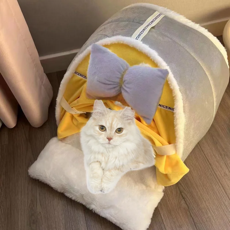 

Luxurious Semi-Enclosed Cat Kennel Bed Teepee Tent Kennel Mattress Cute Decorative PP Cotton Filling Warm Breathable All Seasons