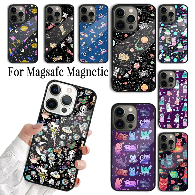 Coque Phone Case For iPhone 16 15 14 13 12 11 Pro Max Plus Magsafe Magnetic Wireless Charging Cover Space Kitty Cat Adventures