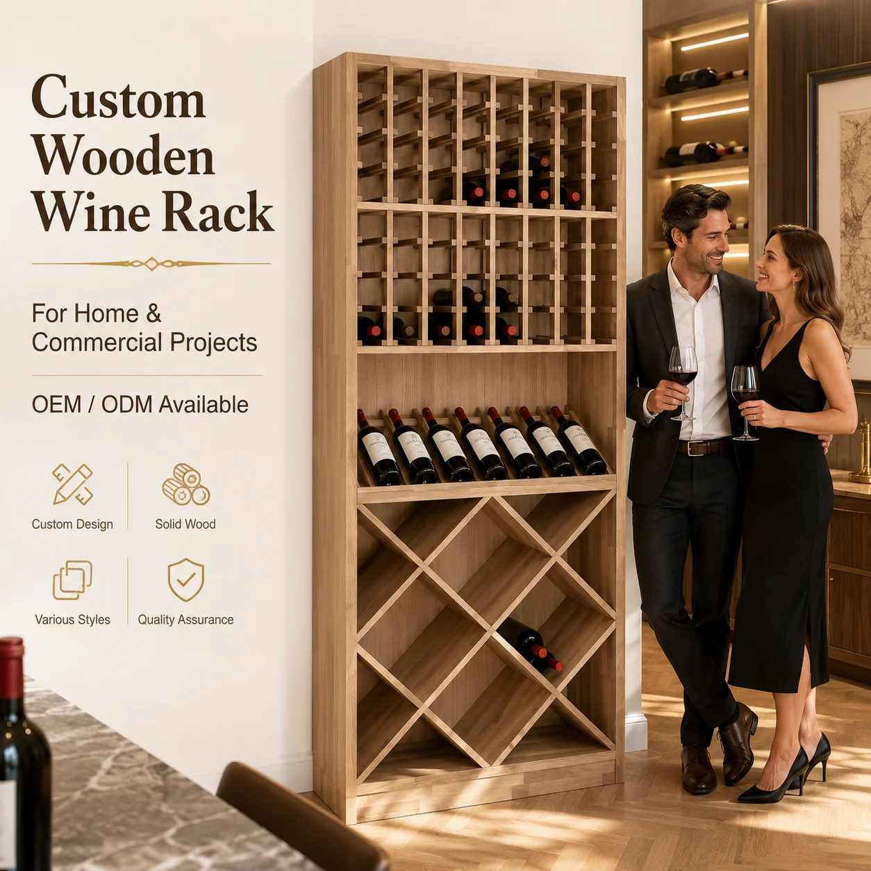 Custom Wooden Wine Rack Wine Cellar System Wine Cabinet Design Wine Cellar Project for Villa Hotel Restaurant Commercial