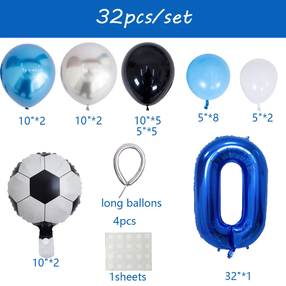 32pcs Football Balloons Set 30inch Blue 0-9 Number Football Foil Balloon Round Soccer Globos For Baby Shower Boys Birthday Party