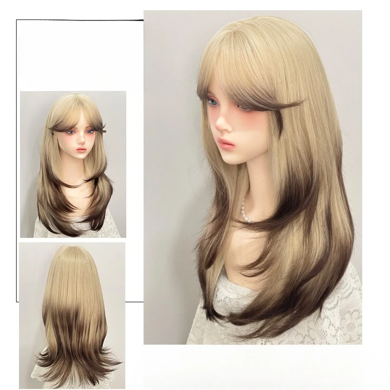 Wig female long hair full head cover Siamese cat gradual change layering middle point eight characters imitation full real long