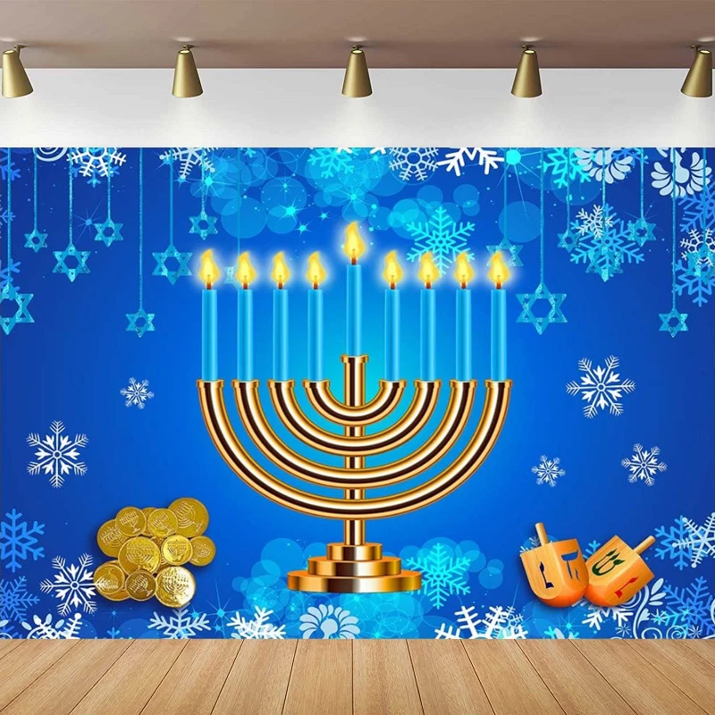 

Hanukkah Photography Backdrop Chanukah Dreidels Stars Torah Snowflake Blue Background Israel Party Decoration Cake Table Banner